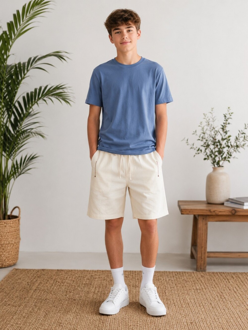 Youth Linen Cotton Blend Drawstring Shorts Cream Beige Elastic Waist Pockets